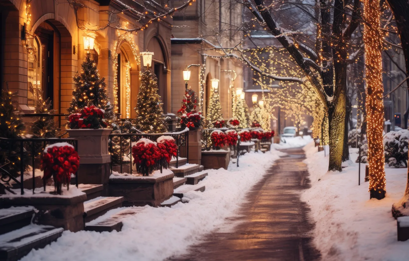 Photo wallpaper winter, snow, decoration, night, the city, lights, street, tree