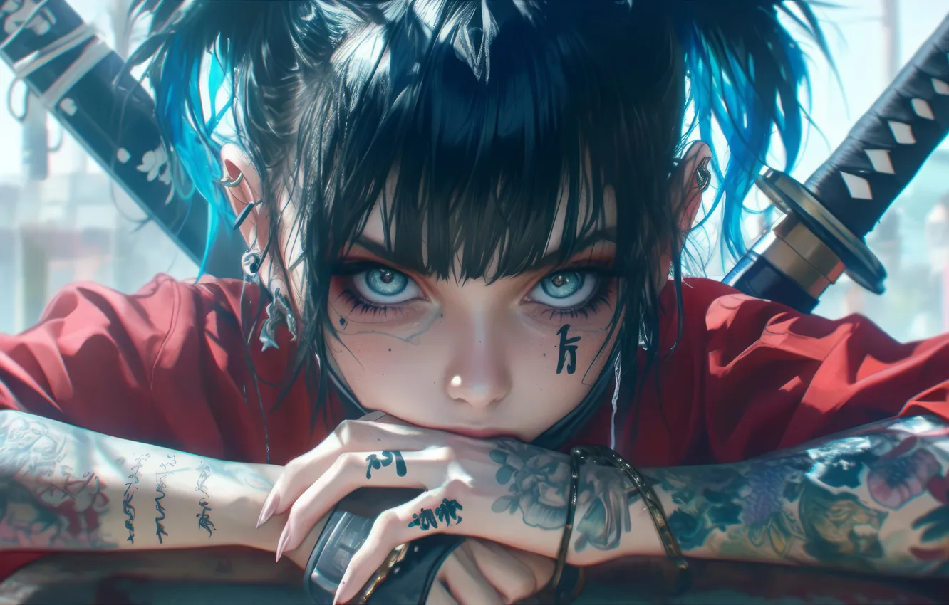 Photo wallpaper katana, tattoo, anime girl, AI Art, AI Generated, Anime Girl with Tattoo, Anime, Samurai