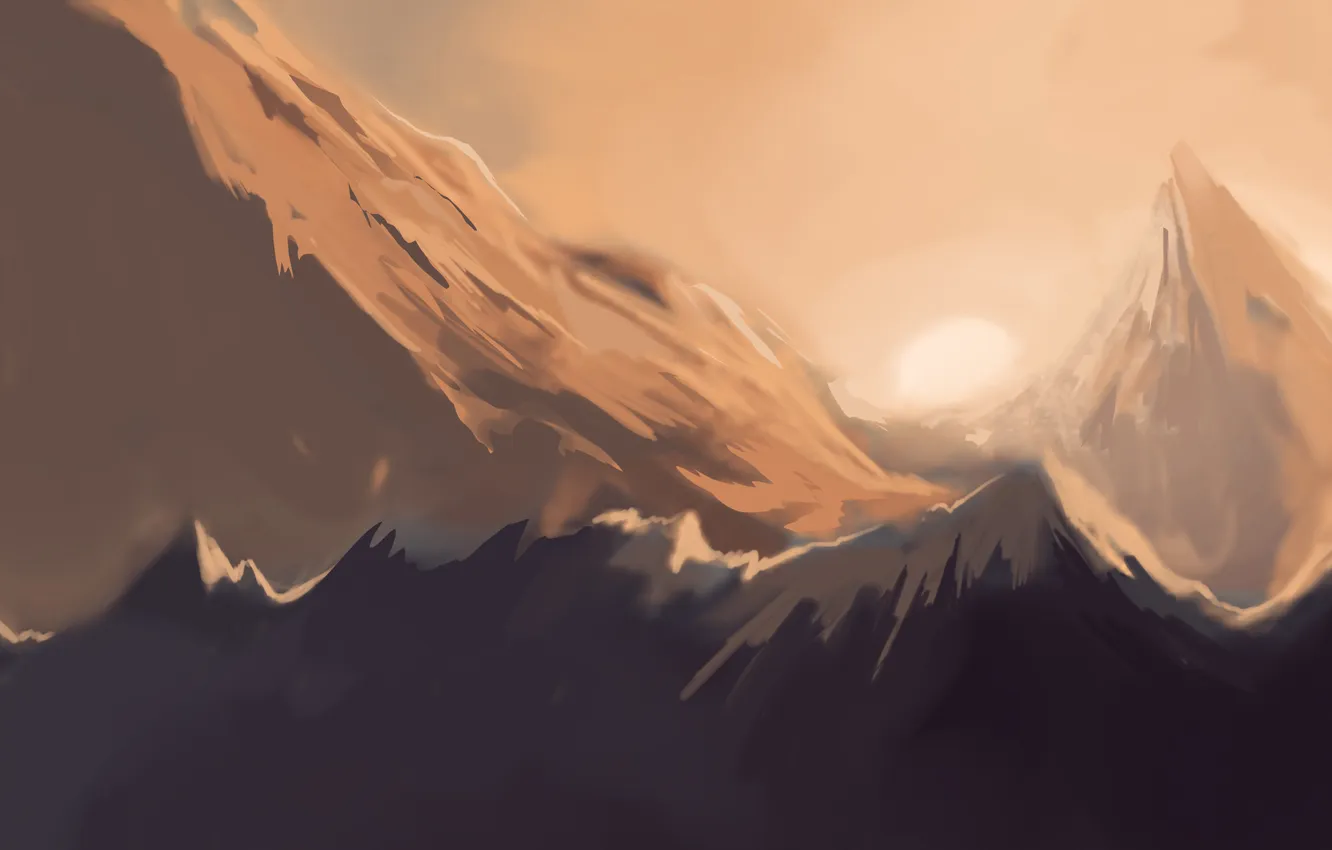 Photo wallpaper snow, sunset, mountains, tops, art, ridge