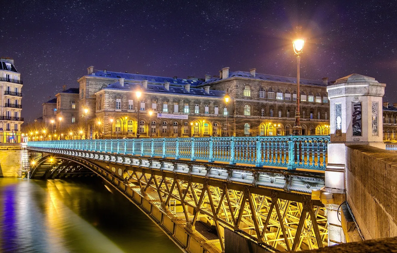 Photo wallpaper light, snow, night, bridge, the city, lights, river, France