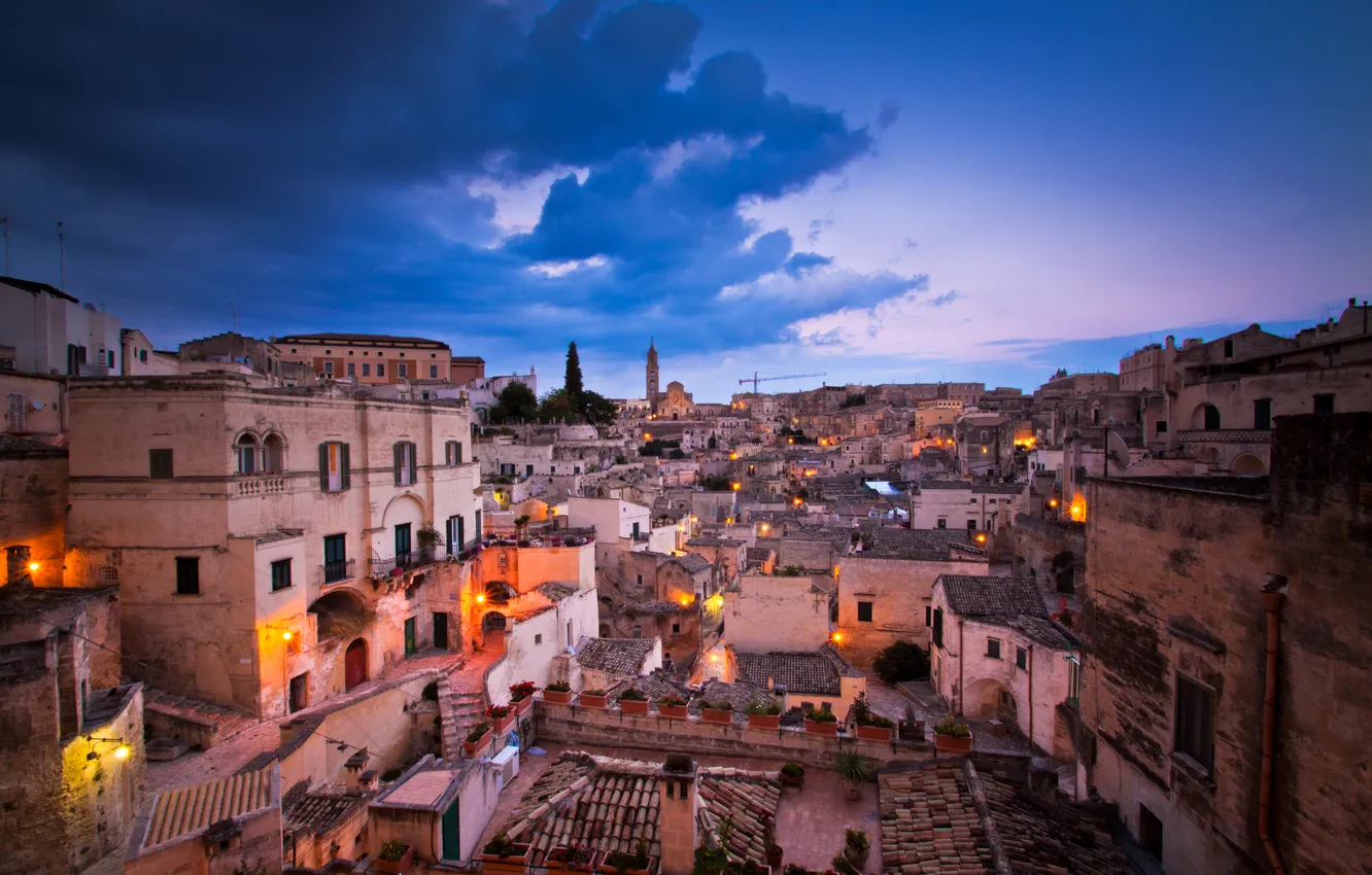 Photo wallpaper roof, the sky, clouds, lights, home, the evening, lights, Italy