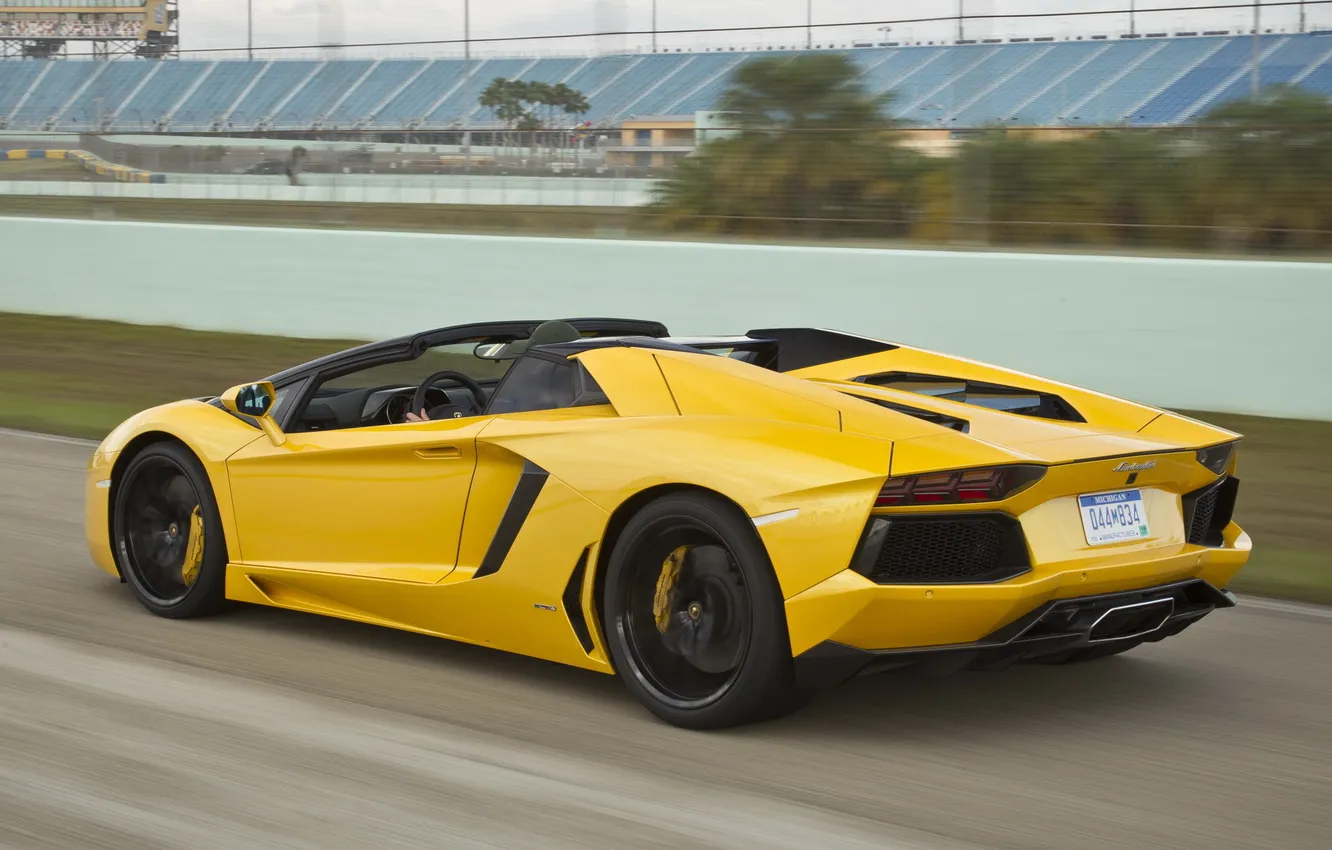 Photo wallpaper Roadster, speed, track, yellow, back, LP700-4, Lamborghini Aventador