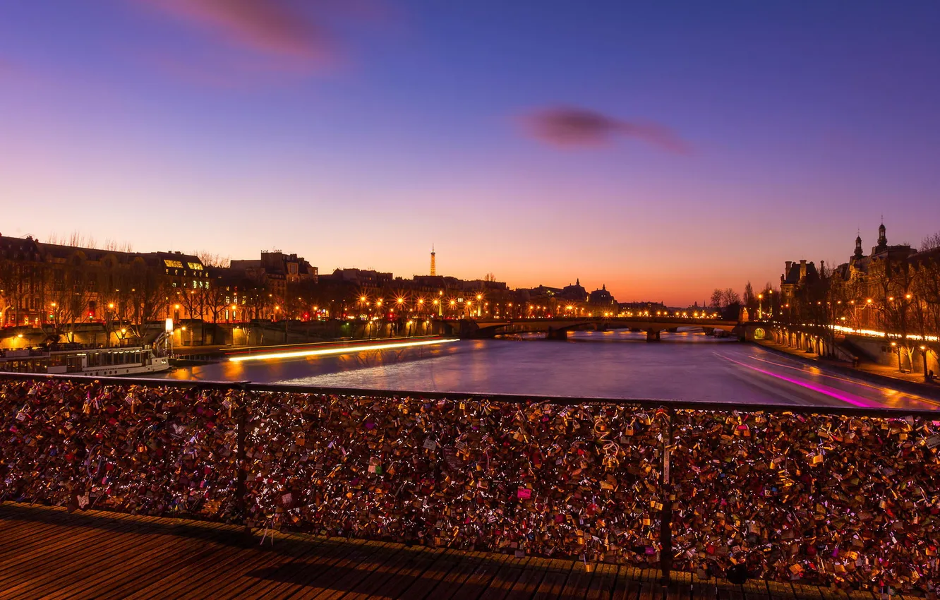 Photo wallpaper night, bridge, lights, river, France, Paris