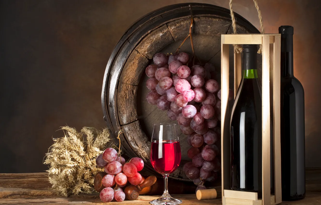 Photo wallpaper table, box, wine, glass, bottle, grapes, bunch, barrel