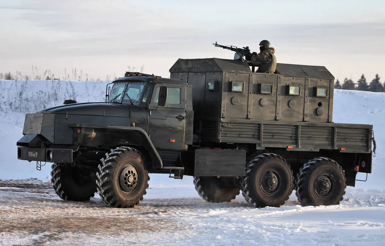 Photo wallpaper snow, Armored car, gunner, Star-, Ural-4320