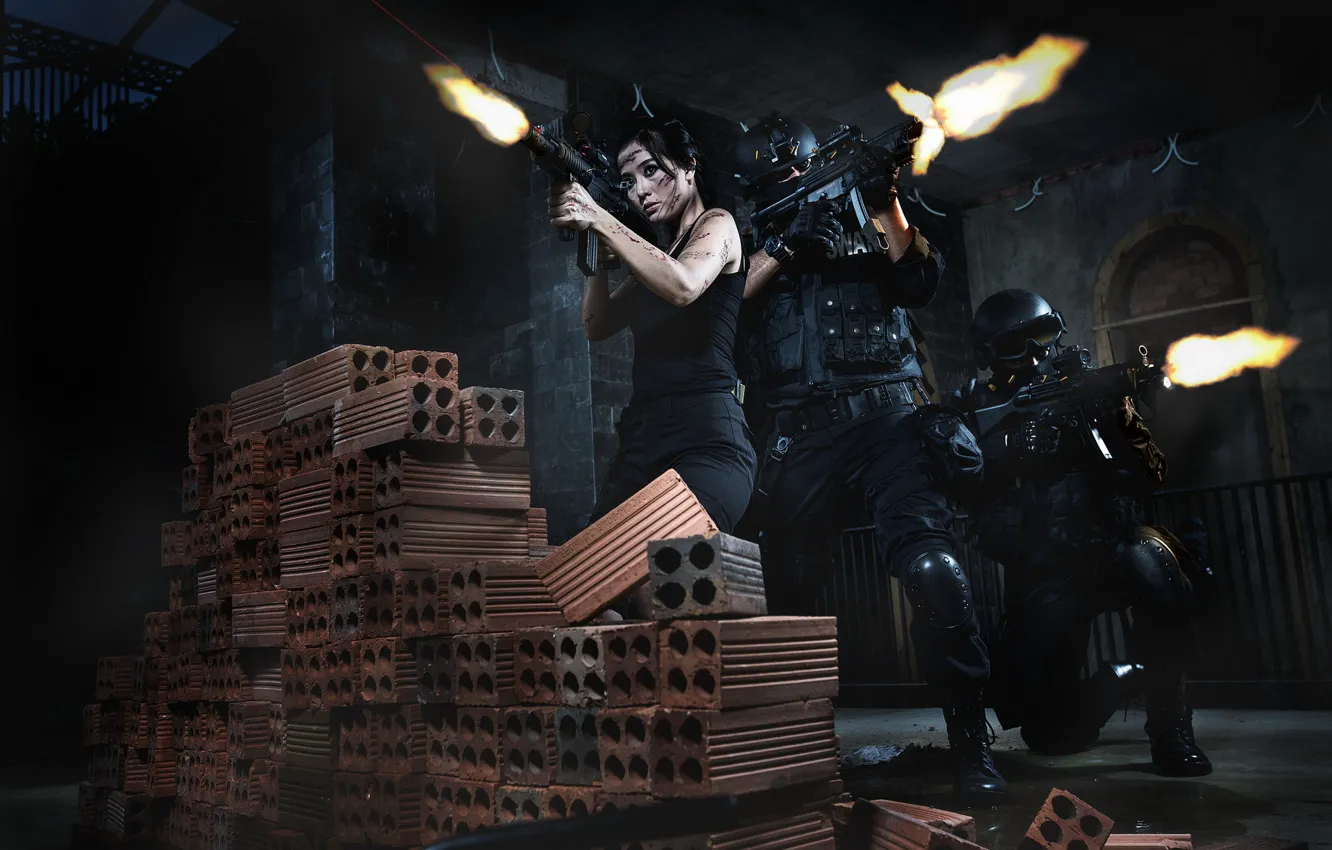 Photo wallpaper girl, weapons, soldiers, Asian