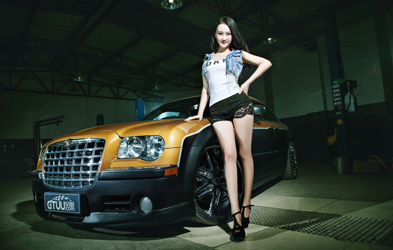 Photo wallpaper machine, auto, girl, model, Asian, car, korean model, Chrysler 300C