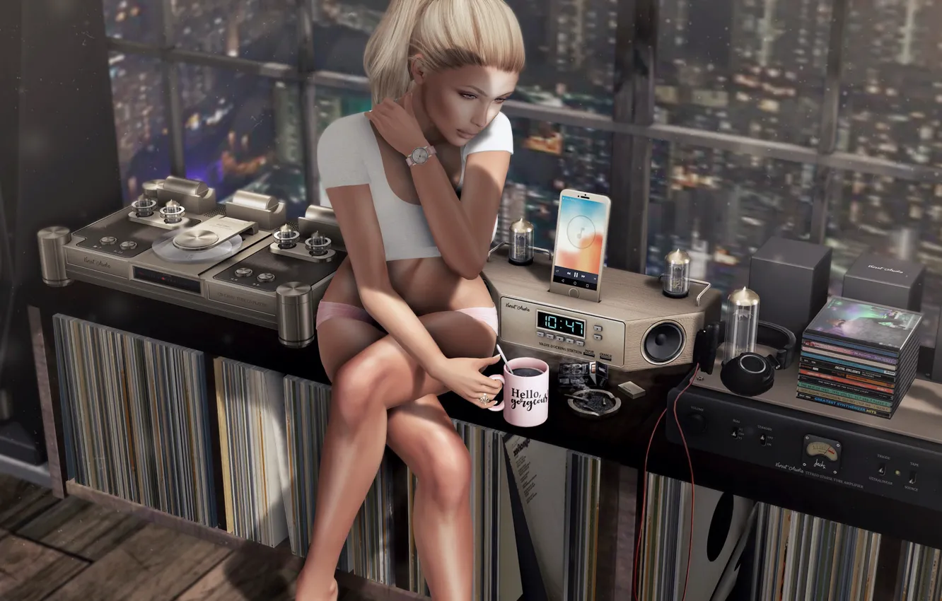 Photo wallpaper girl, music, room, figure, legs, equipment