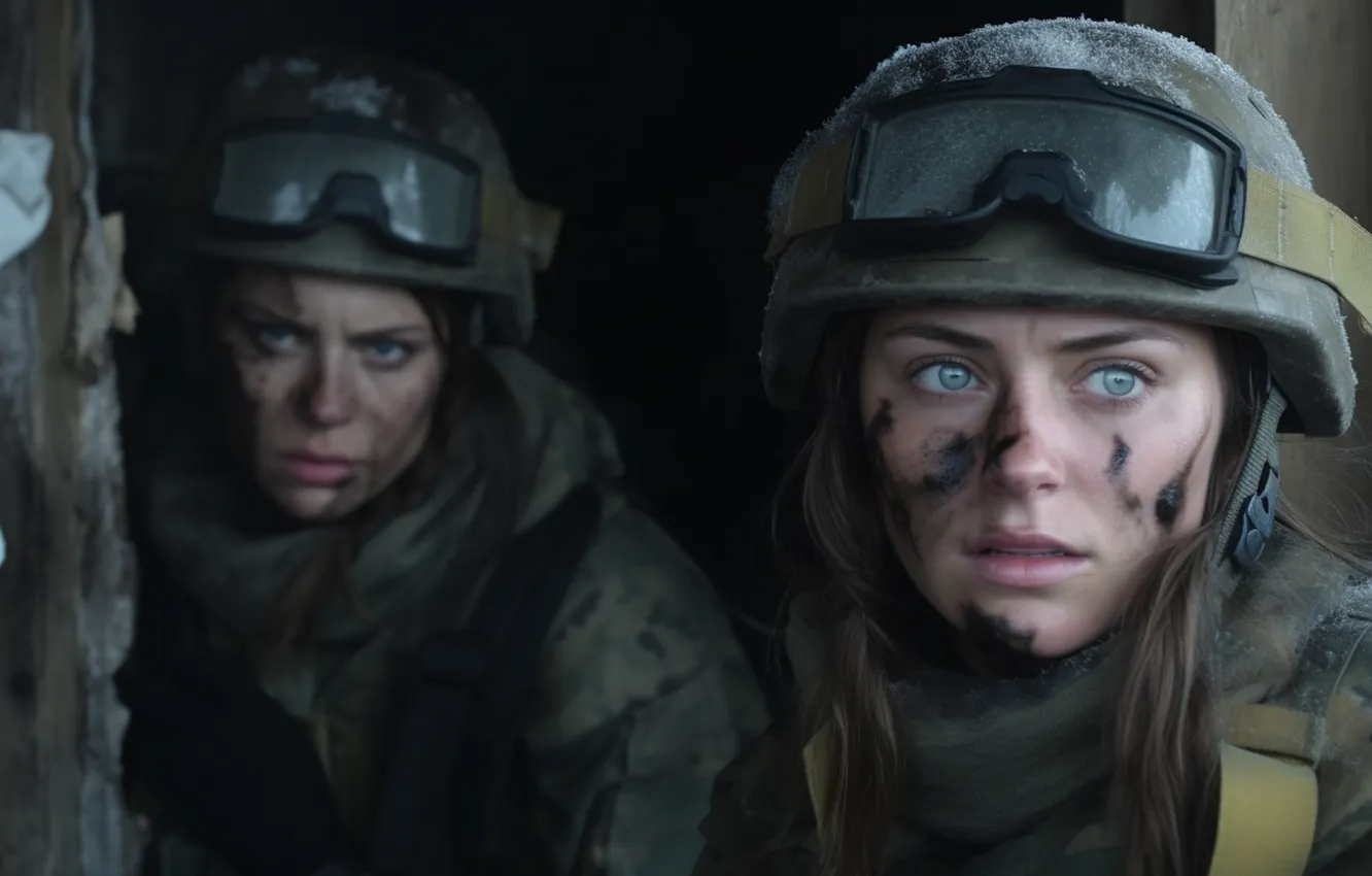 Photo wallpaper look, girl, glasses, soldiers, two, helmet, digital art, AI art