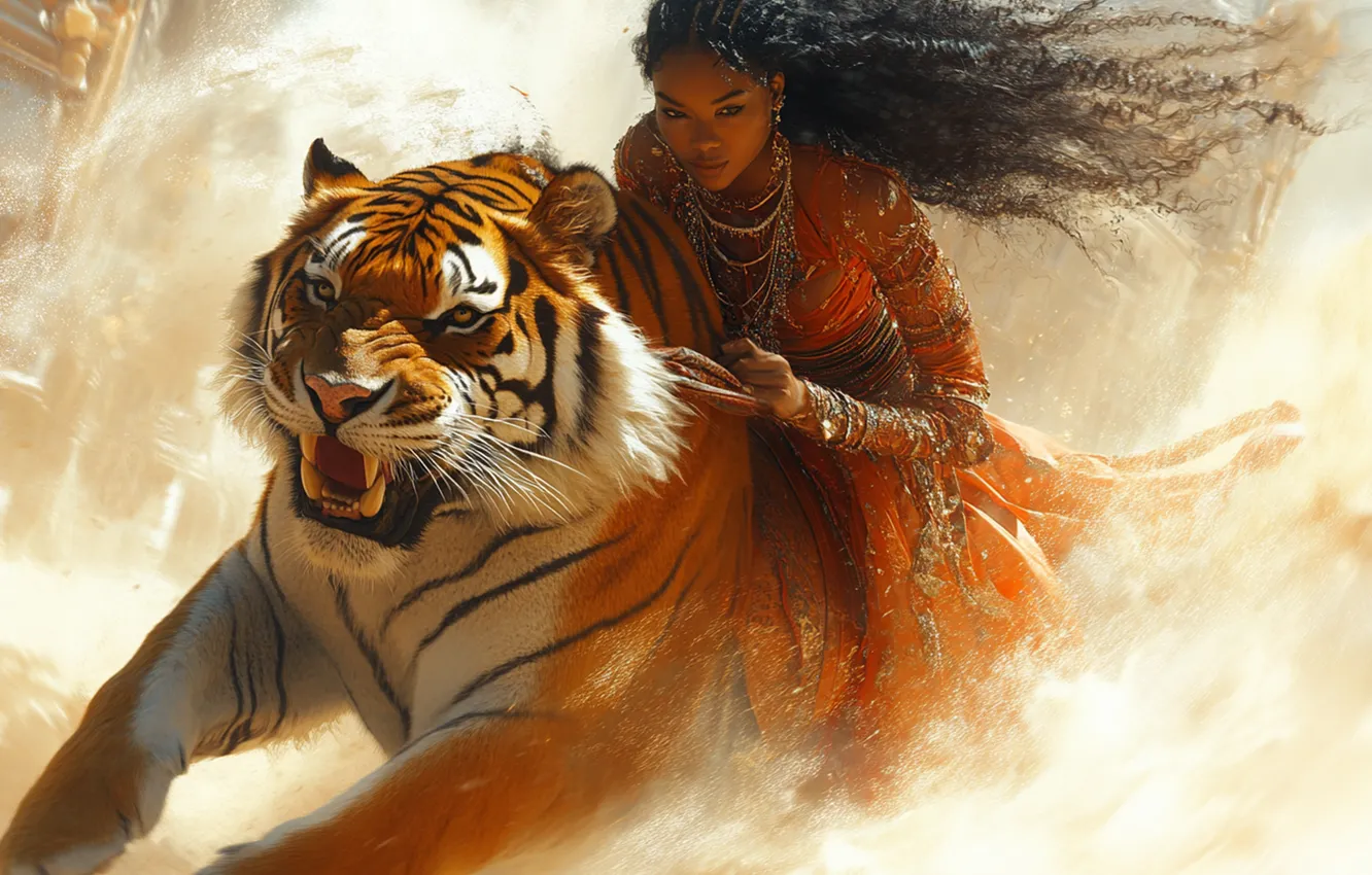 Photo wallpaper girl, decoration, tiger, the wind, jump, speed, dress, brunette