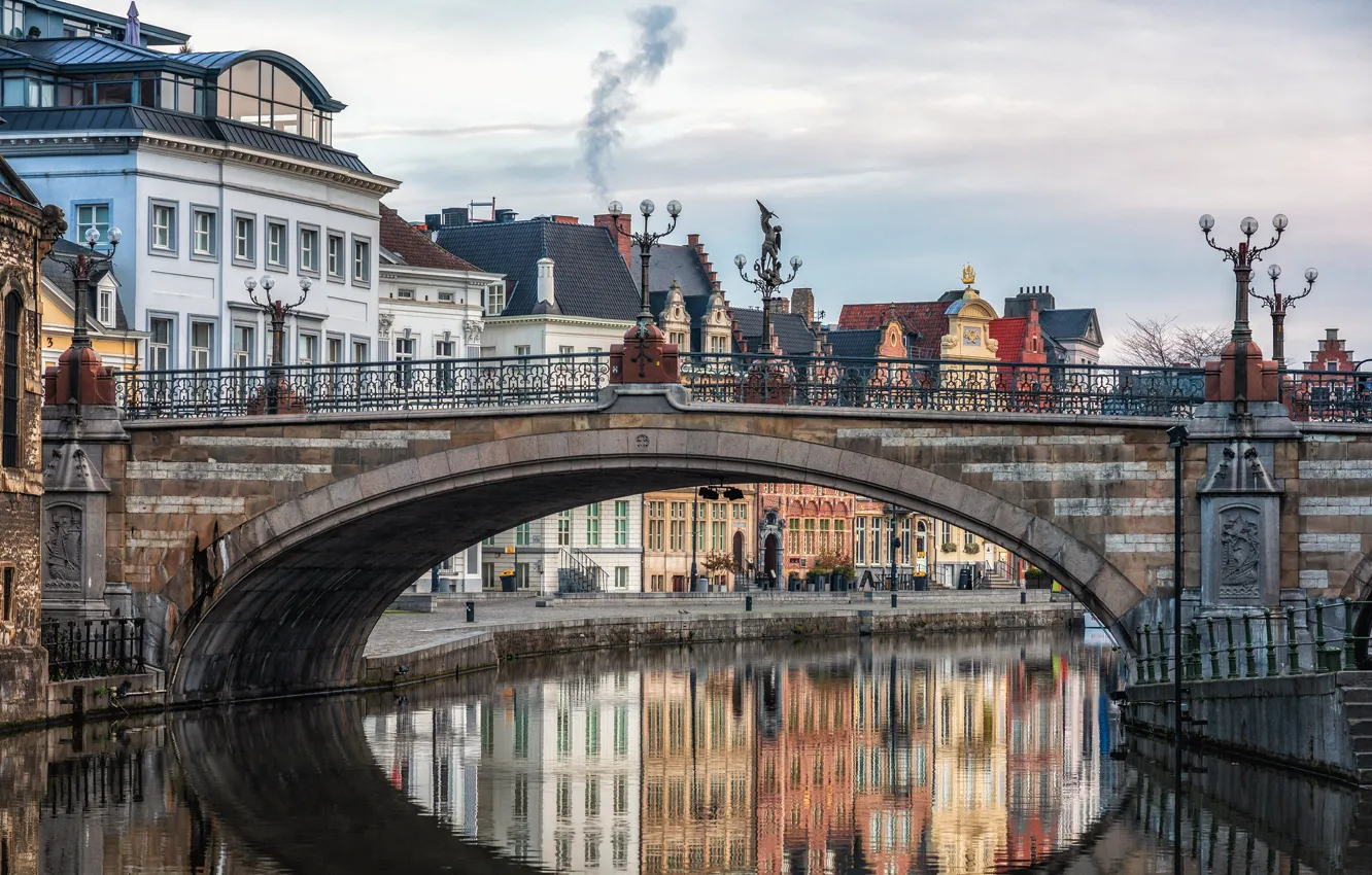 Photo wallpaper bridge, river, home, Belgium, Ghent