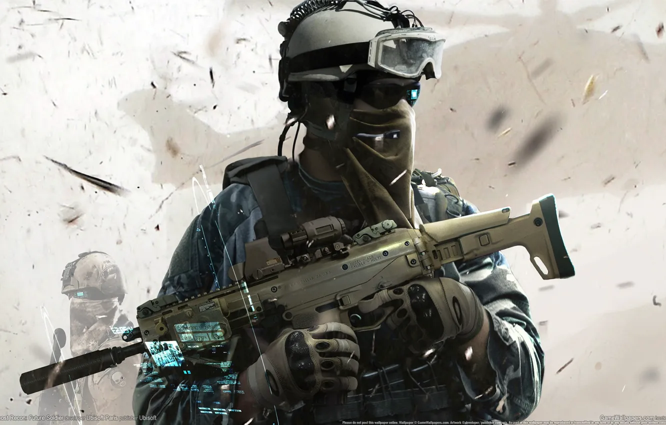Photo wallpaper weapons, soldiers, helicopter, hologram, the vest, squad Ghost, Ghost Recon: Future Soldier, Tom Clancy's
