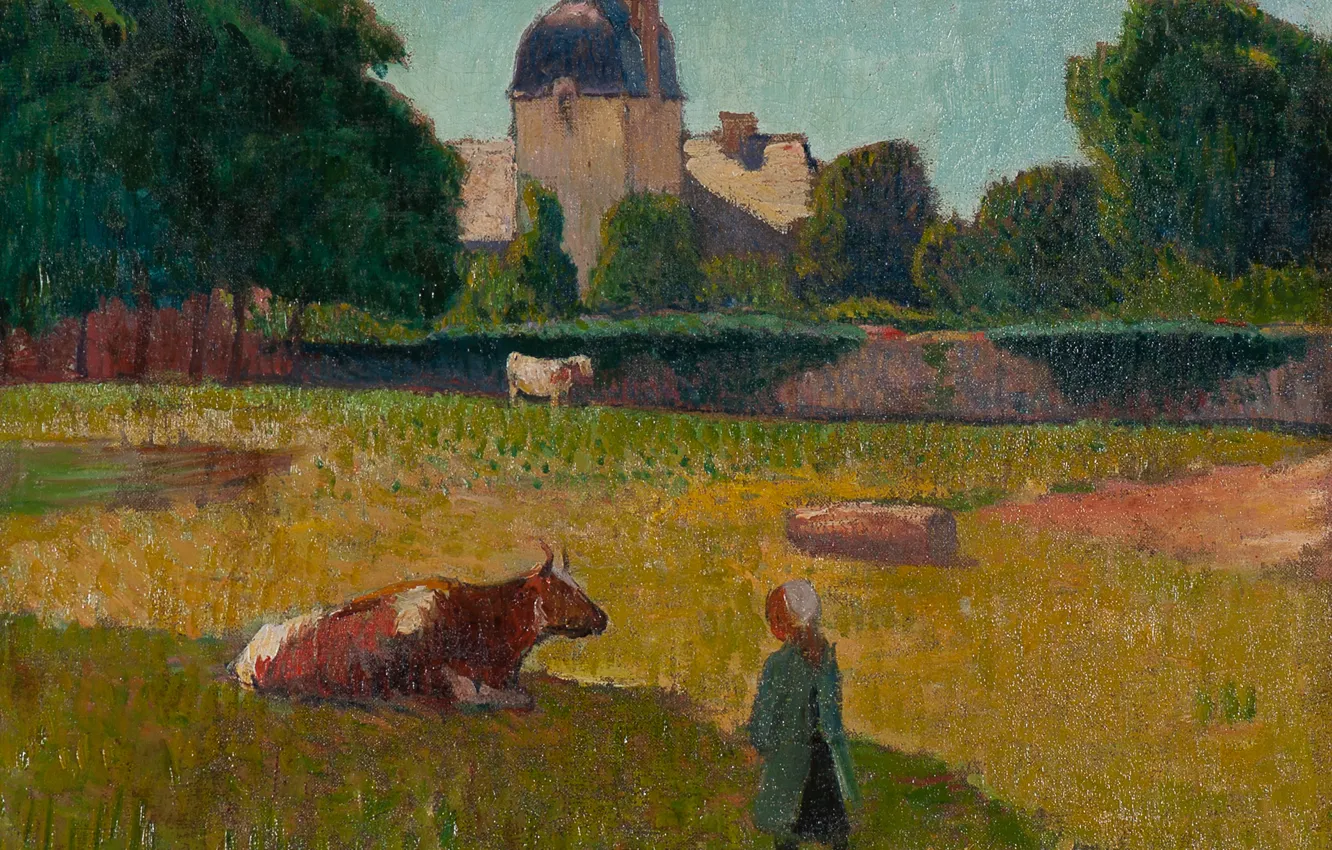 Photo wallpaper trees, landscape, house, castle, cow, picture, meadow, Henri Moret
