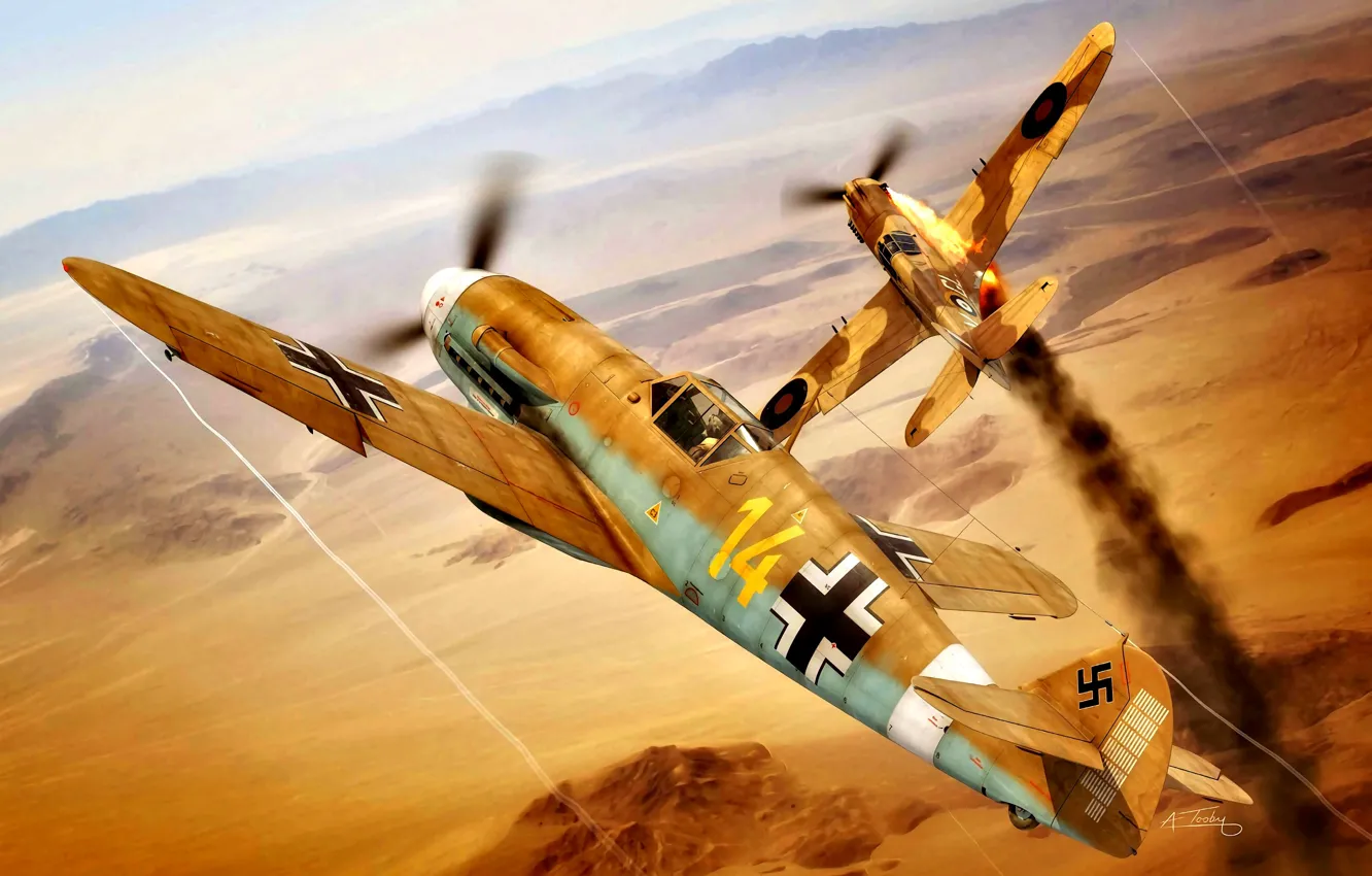 Photo wallpaper Smoke, Desert, The second World war, North Africa, P-40 Tomahawk, Bf.109F-4/trop, I./JG27, "Star Of Africa"