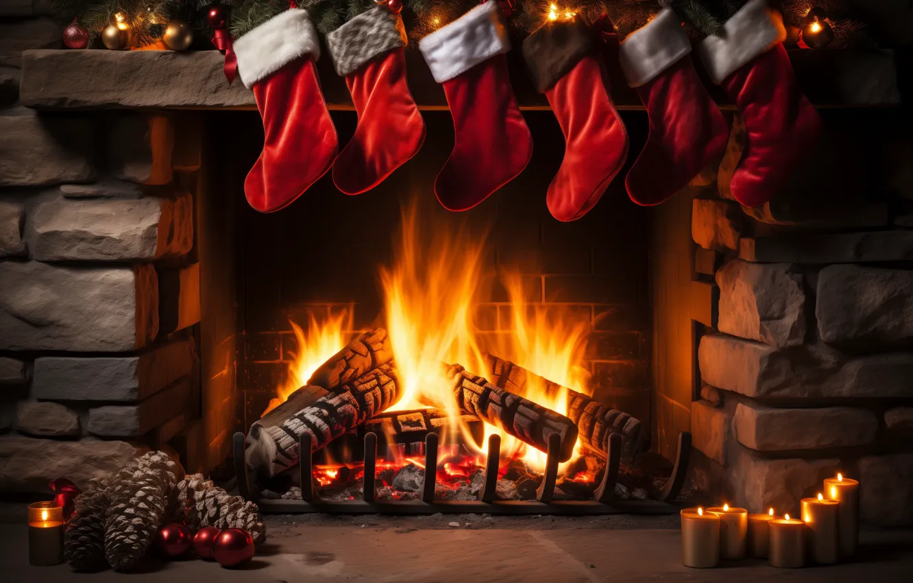 Photo wallpaper light, lights, comfort, heat, flame, gift, new year, brick