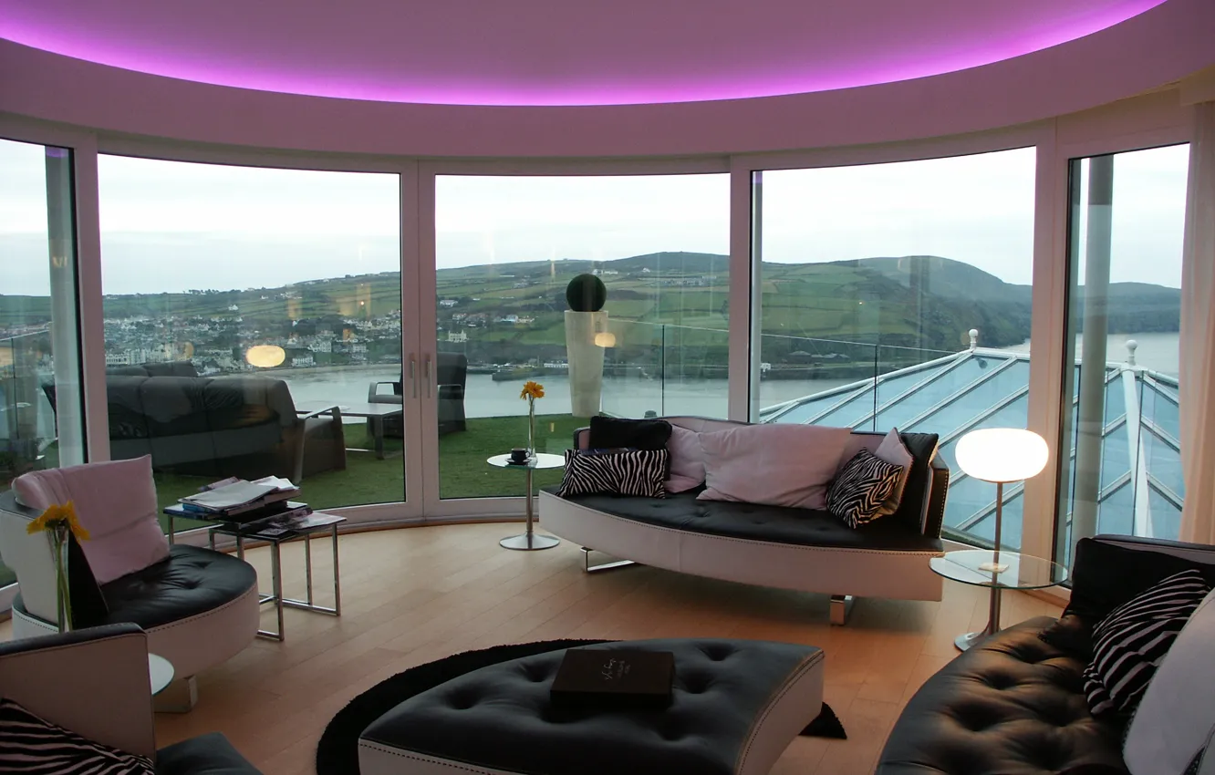 Photo wallpaper glass, design, house, style, interior, terrace, living room