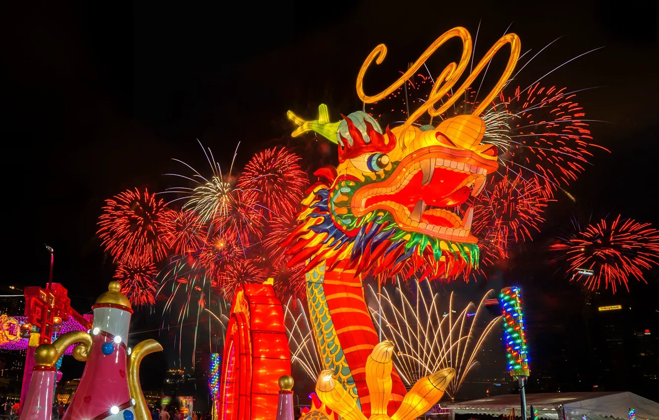 Photo wallpaper dragon, salute, fireworks, Chinese New Year