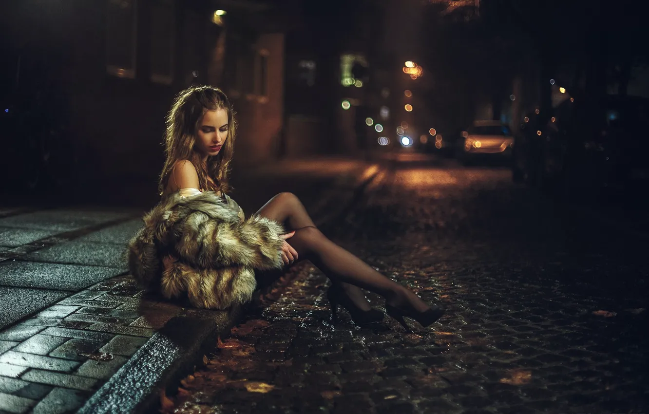 Photo wallpaper girl, street, stockings, coat, girl, brown hair, legs, model