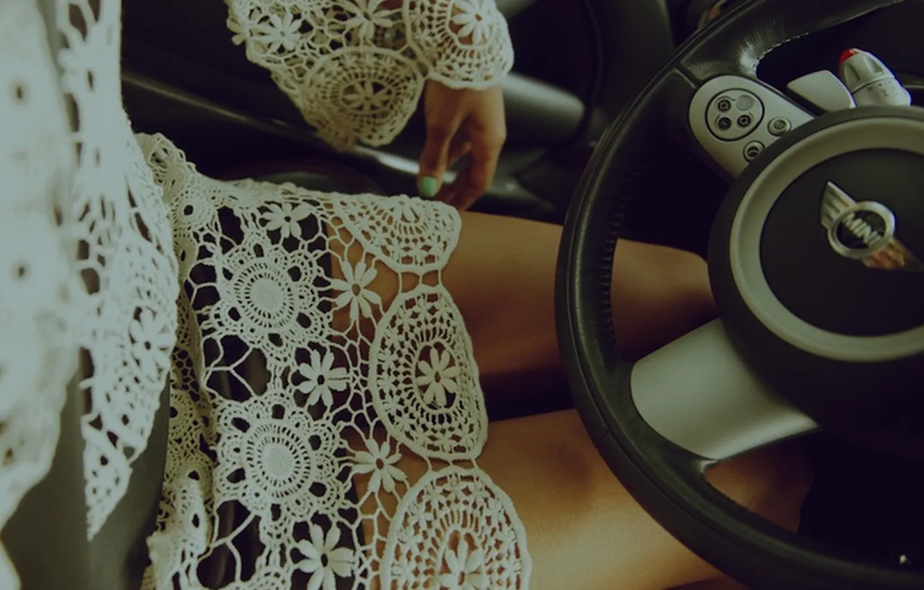 Photo wallpaper auto, girl, the wheel, legs, Mini Cooper, slender legs