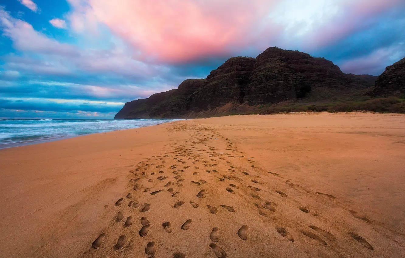 Photo wallpaper sea, beach, clouds, traces, rocks, shore, coast, pseak