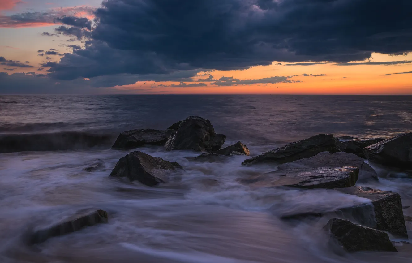 Photo wallpaper sea, wave, the sky, sunset, clouds, stones, shore, the evening