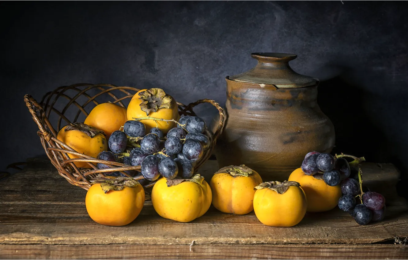 Photo wallpaper BACKGROUND, Still life, VASE, GRAPES, PERSIMMON