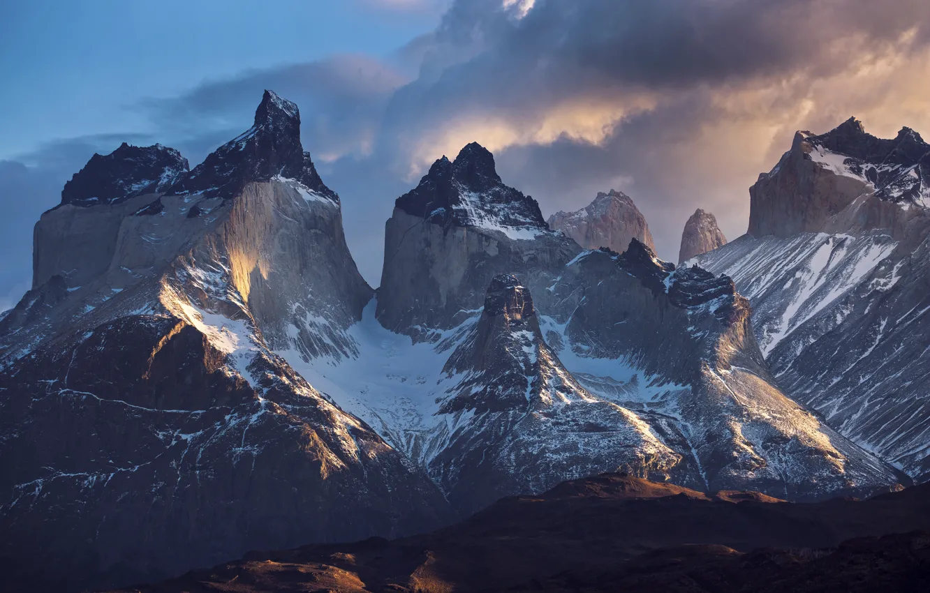 Photo wallpaper the sky, clouds, snow, mountains, nature, rocks, Chile, Torres del Paine