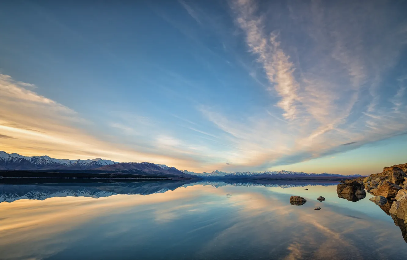 Photo wallpaper the sky, clouds, mountains, lake, reflection, stones, rocks