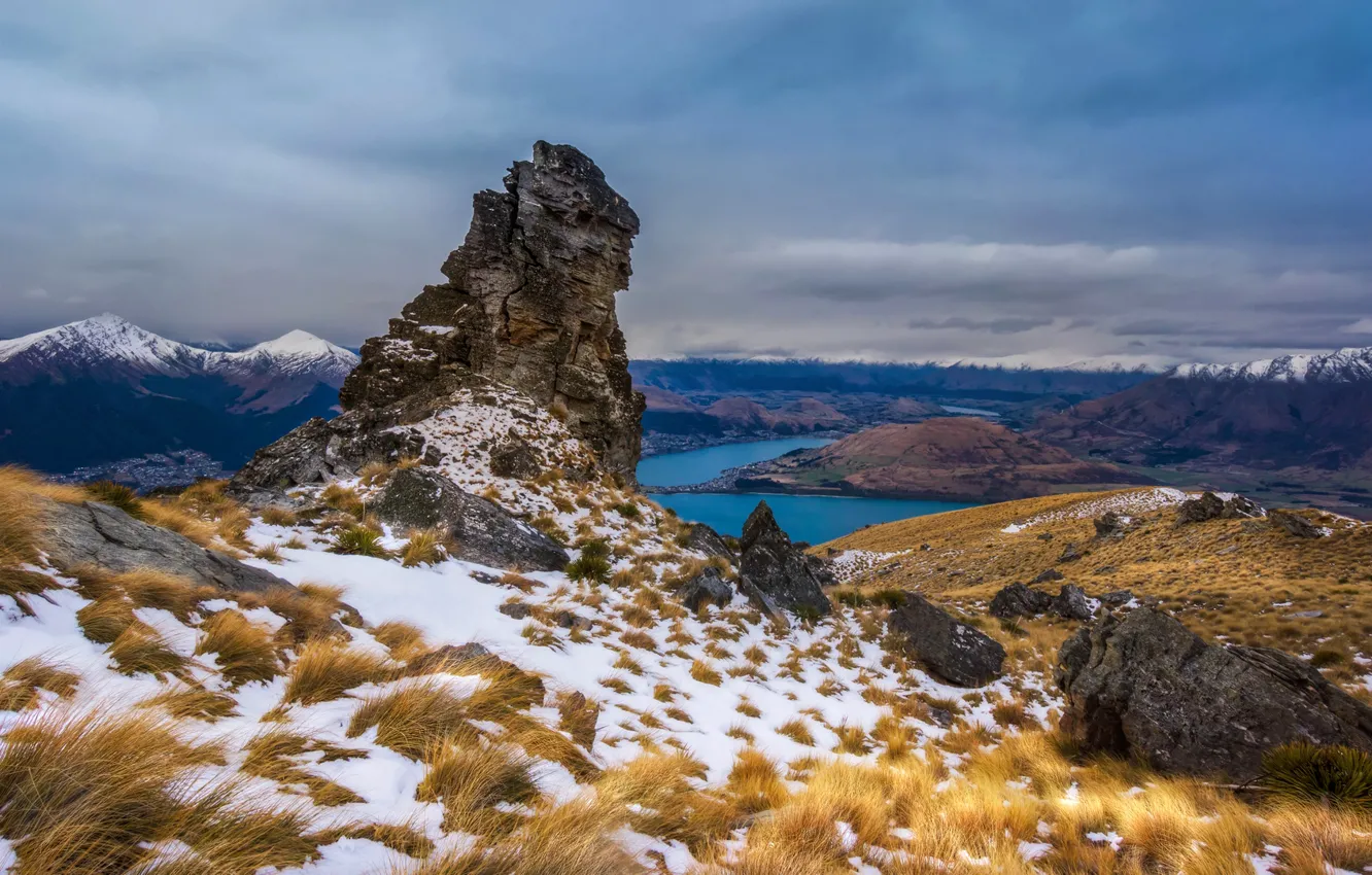 Photo wallpaper the sky, snow, mountains, clouds, rock, lake