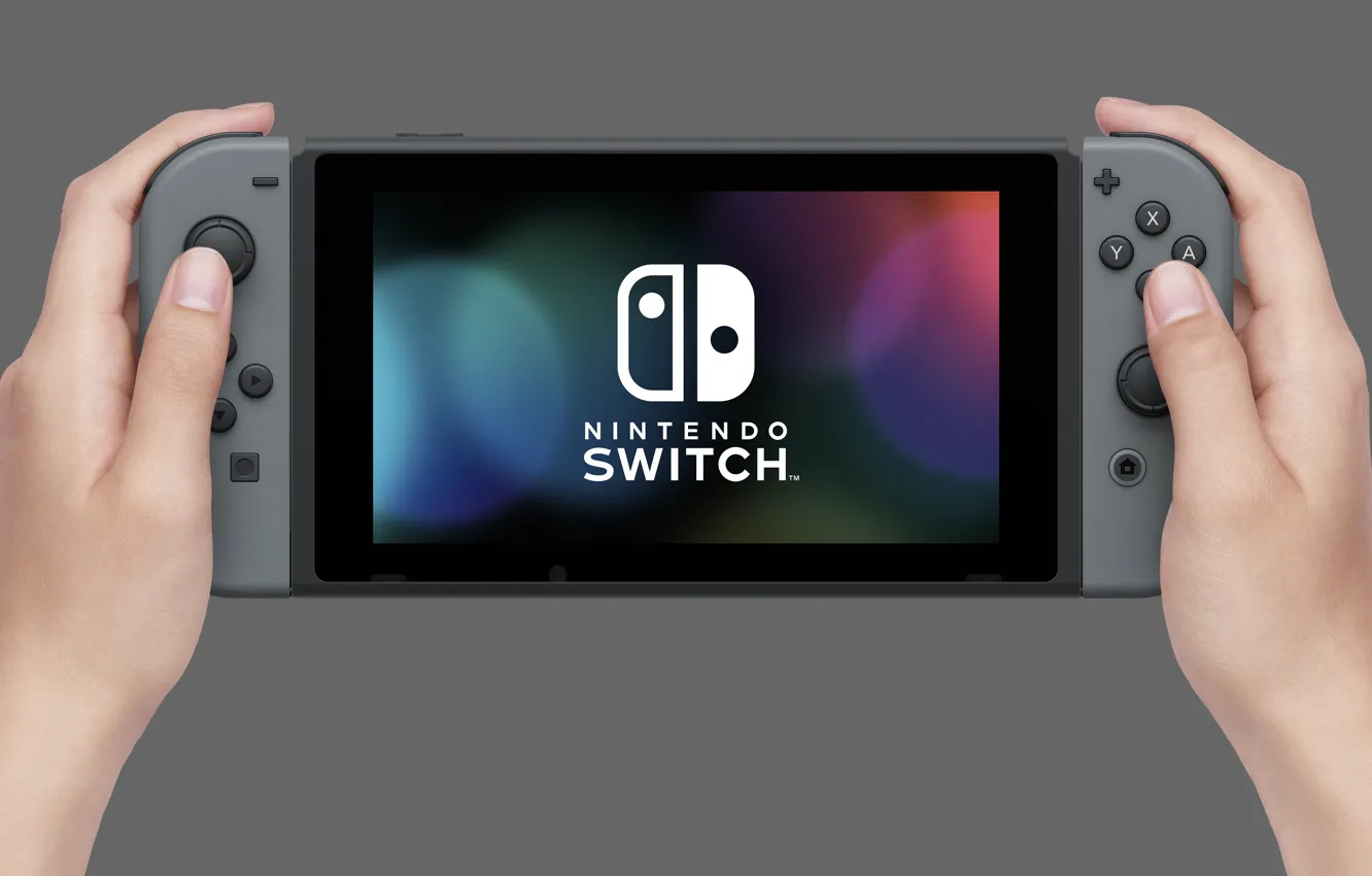 Photo wallpaper logo, game, hi-tech, Nintendo, screen, hand, controller, joystick