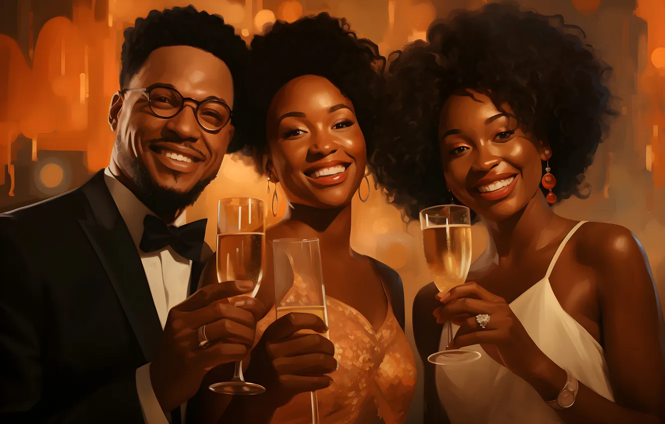 Photo wallpaper Girls, Glasses, Smile, Christmas, New year, Guy, Joy, Three