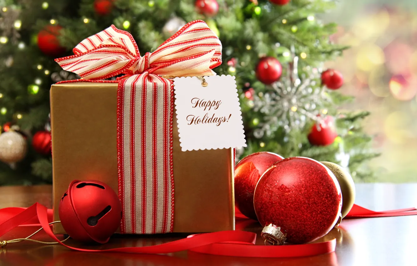 Photo wallpaper balls, decoration, lights, holiday, Christmas, gifts, New year, tree