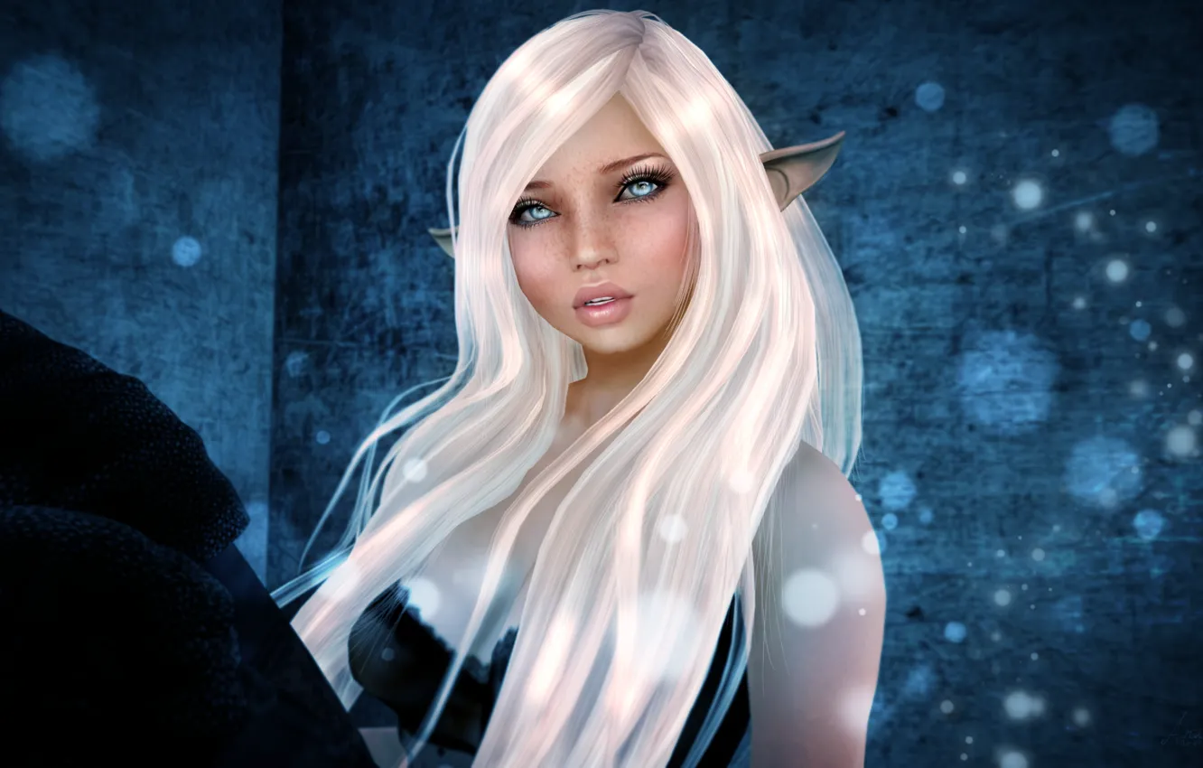 Photo wallpaper look, girl, face, rendering, hair, elf, freckles, ears