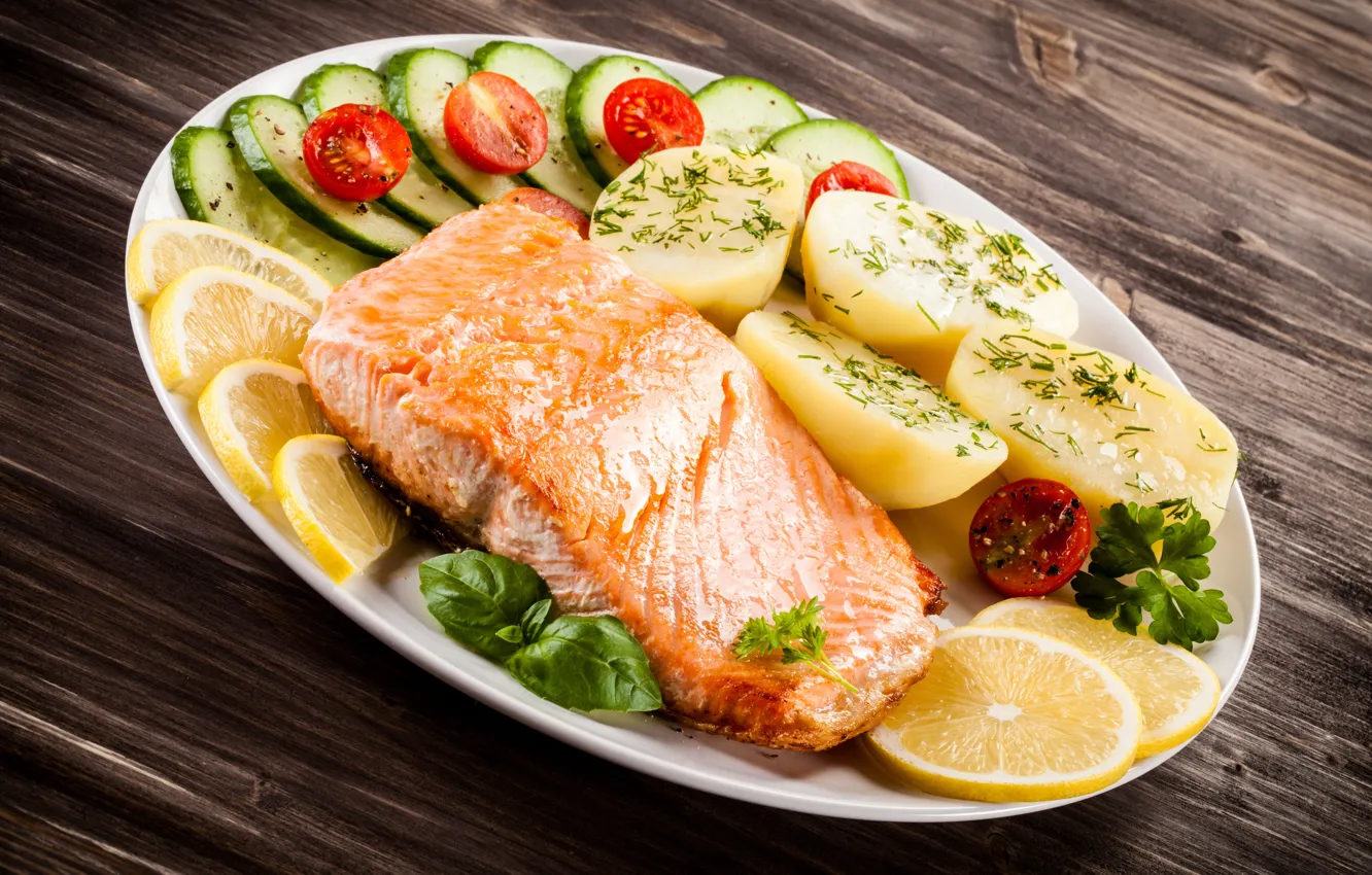 Photo wallpaper greens, lemon, fish, potatoes