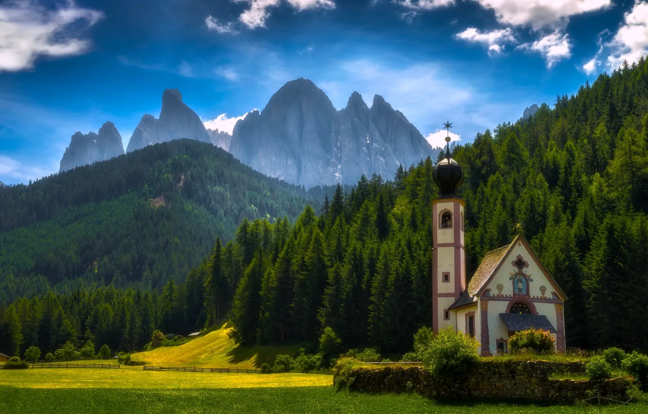 Photo wallpaper forest, mountains, meadow, Italy, Church, Italy, The Dolomites, South Tyrol