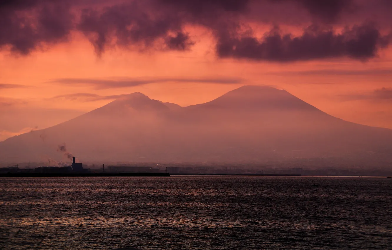 Photo wallpaper sea, mountain, Italy, glow, Vesuvius, The Bay of Naples