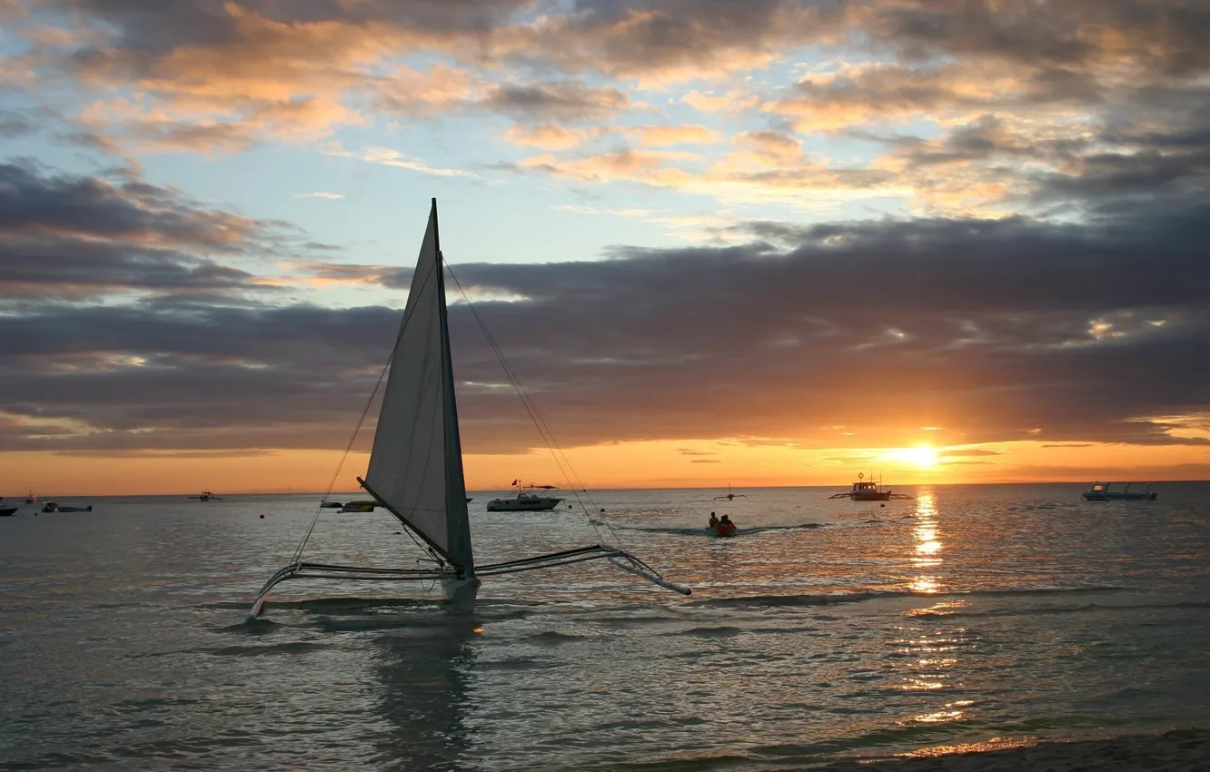 Photo wallpaper Sunset, Water, Boats