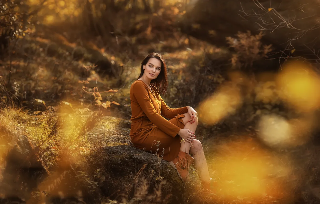 Photo wallpaper autumn, look, girl, nature, dress, brown hair, Anastasia Barmina, shoes