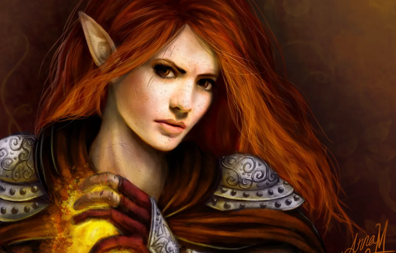 Photo wallpaper girl, magic, art, red, armor, elf, ears