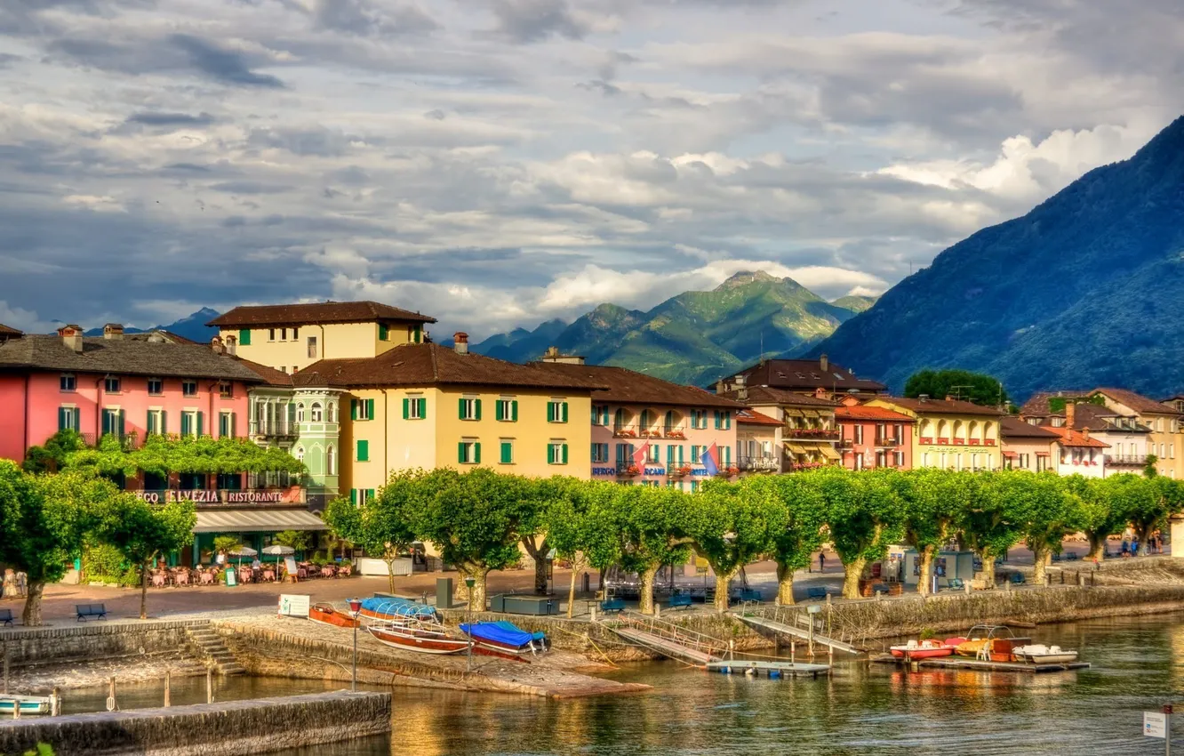 Photo wallpaper the sky, clouds, mountains, home, boats, Switzerland, Ascona
