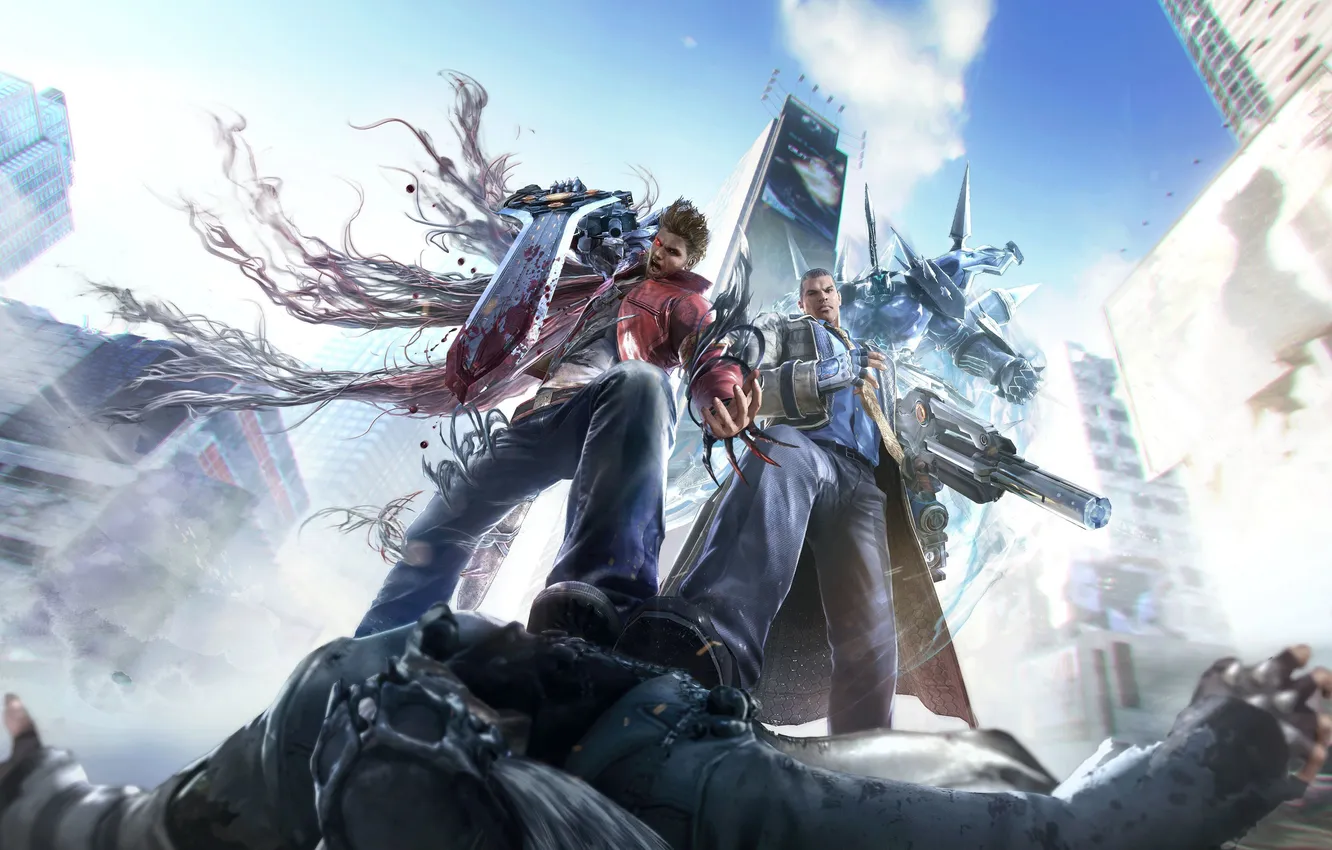 Photo wallpaper the sky, clouds, weapons, home, jeans, sword, skyscrapers, shoes