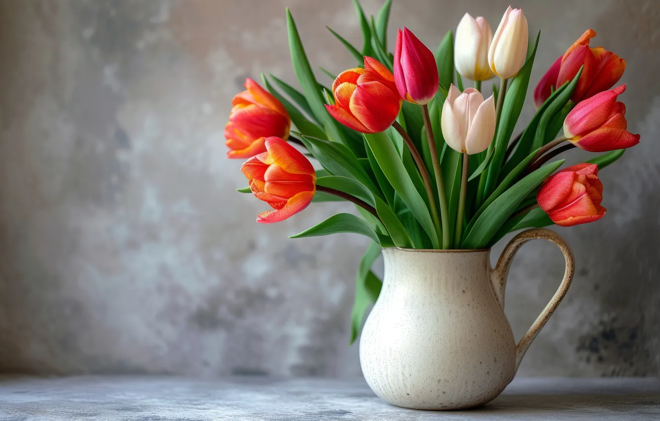 Photo wallpaper holiday, bouquet, spring, tulips, pitcher, AI art, neural network