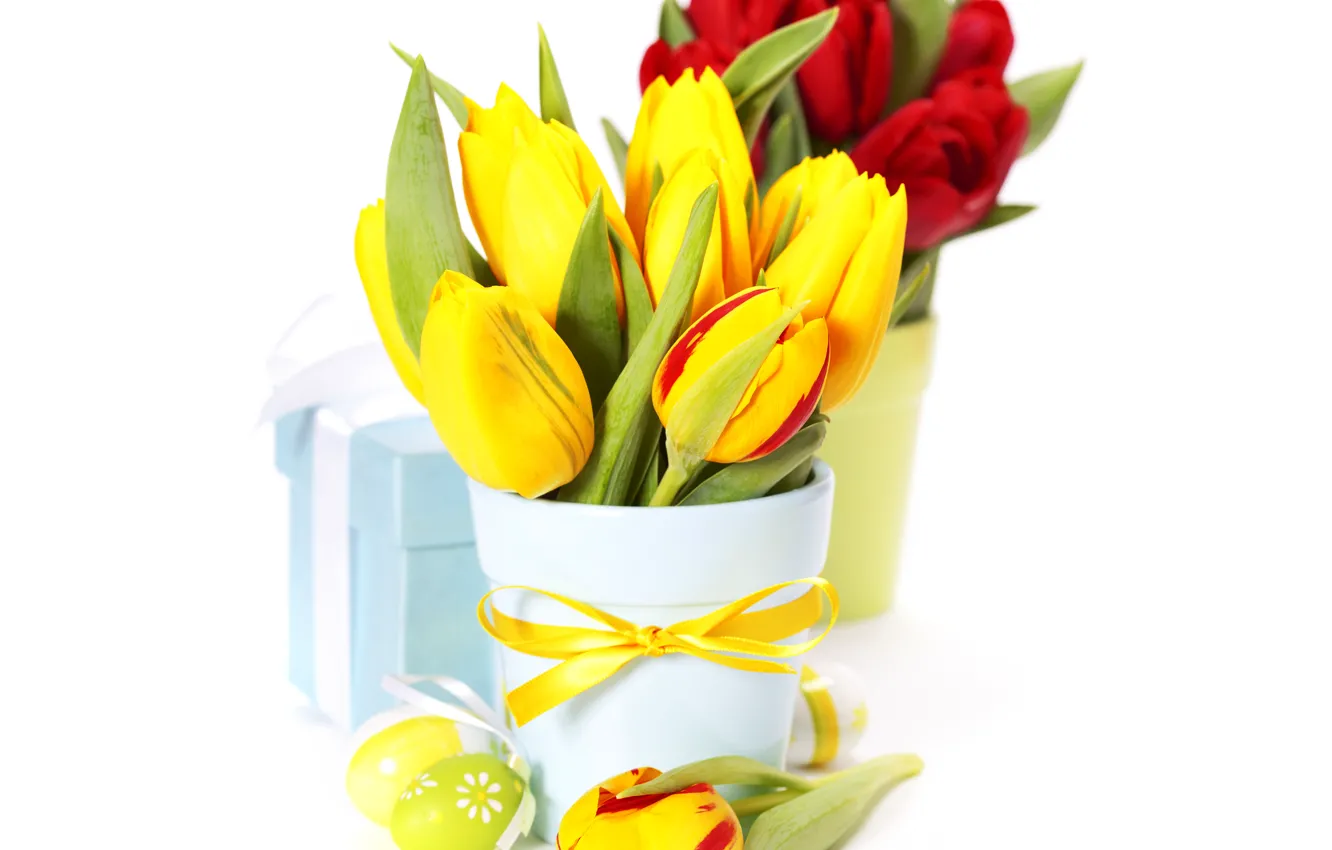 Photo wallpaper flowers, photo, gift, eggs, bouquet, Easter, tulips, vase