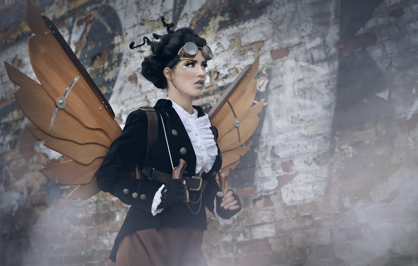 Photo wallpaper look, girl, pose, style, wall, wings, brick, feathers