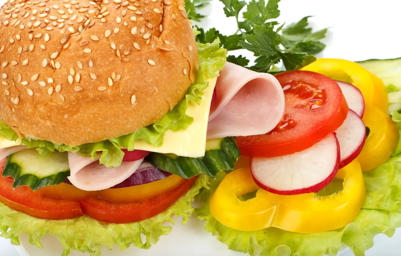 Photo wallpaper cheese, bow, pepper, vegetables, tomatoes, hamburger, roll, cucumbers
