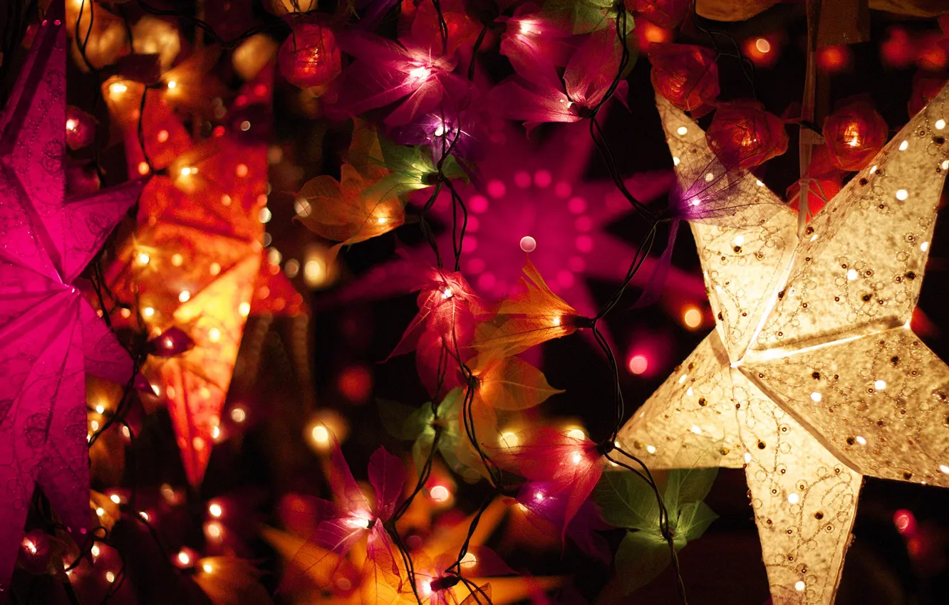 Photo wallpaper winter, decoration, lights, star, New Year, Christmas, the scenery, garland