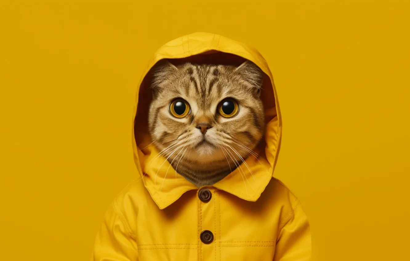 Photo wallpaper cat, cat, look, yellow, grey, portrait, hood, buttons