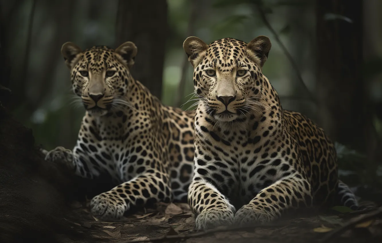 Photo wallpaper look, face, nature, pose, leopard, pair, two leopard, AI art