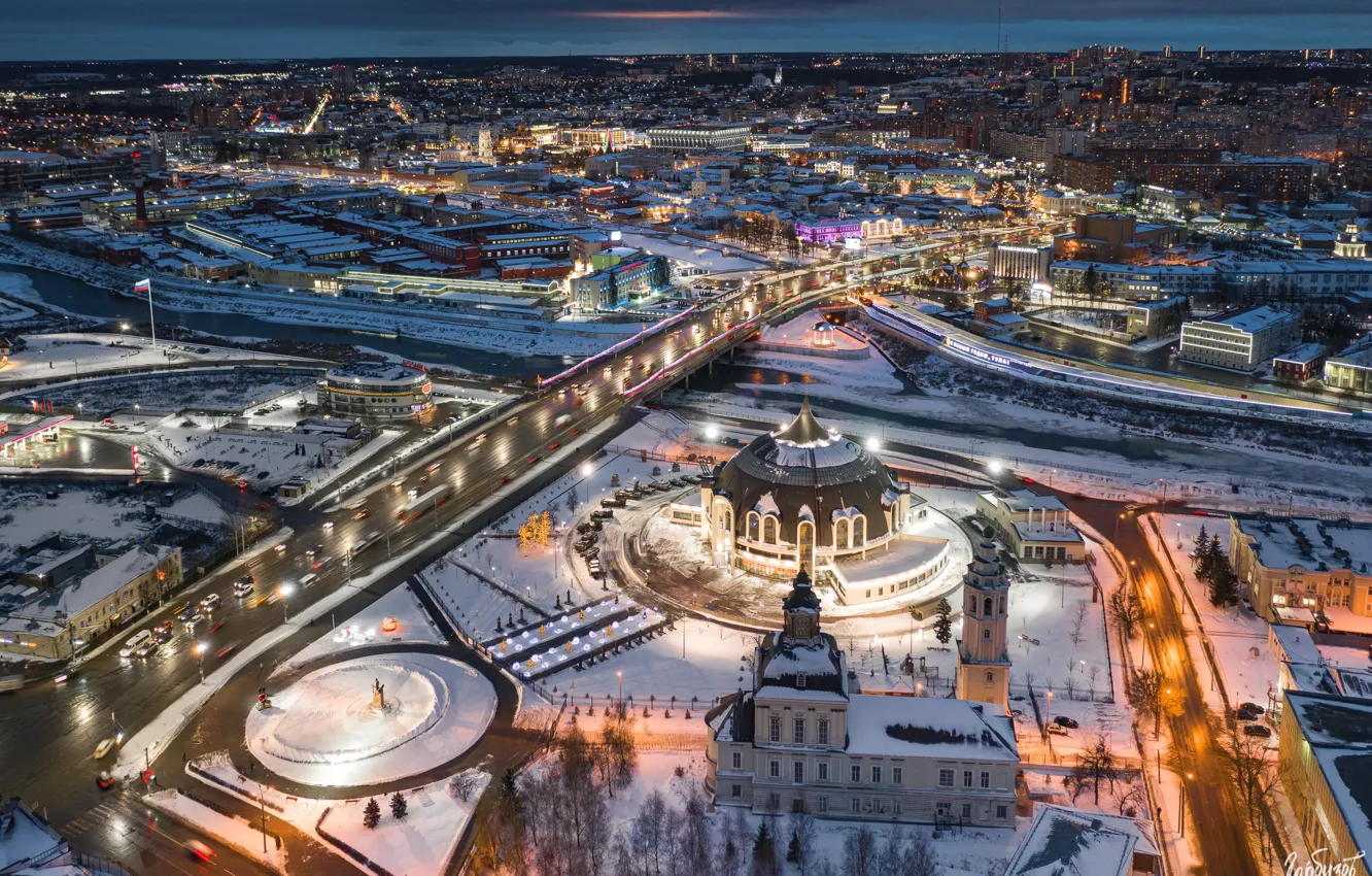 Photo wallpaper winter, road, building, home, Church, panorama, night city, Tula