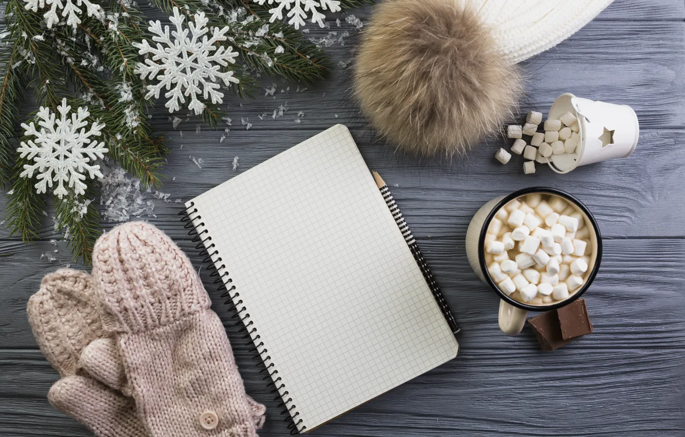 Photo wallpaper hat, pencils, Notepad, wood, winter, cocoa, marshmallows